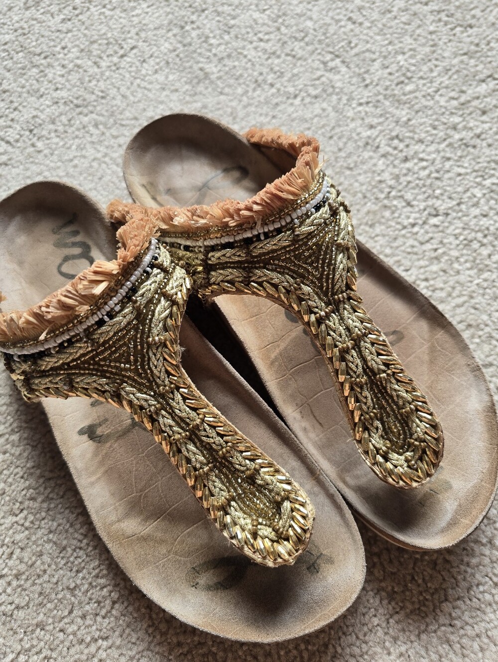 Sam Edelman  Olivie Natural Satin Gold T-Strap Slide Thong Sandals Size 9